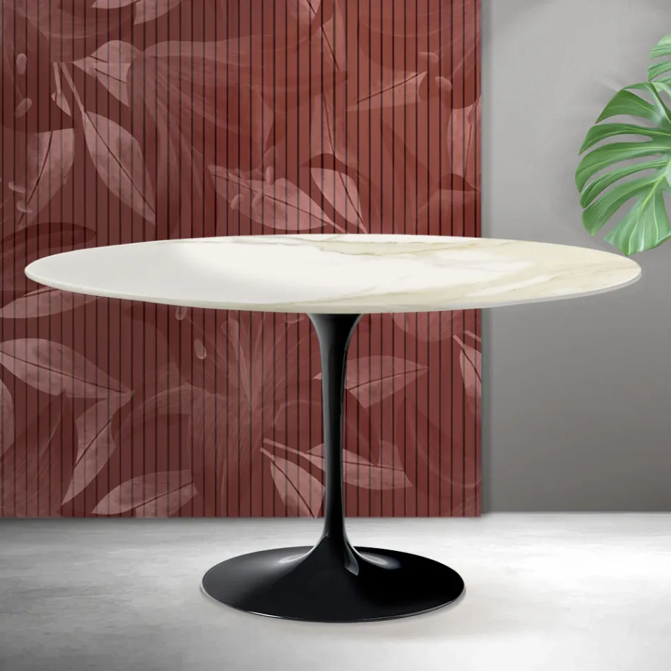 Mesa de centro oval Saarinen Tulip, 41 cm de altura, em cerâmica fosca Florim Calacatta Gold - Scarlet Viadurini