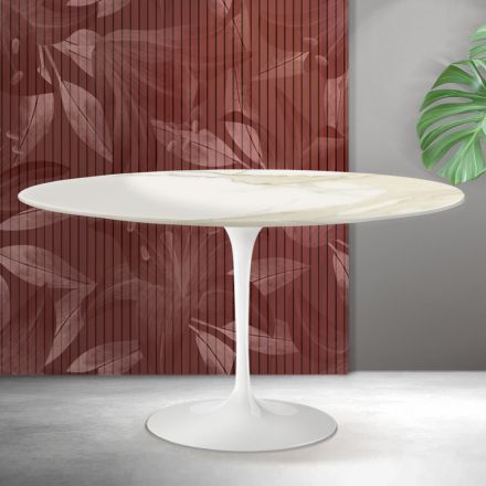 Mesa de centro oval Saarinen Tulip, 41 cm de altura, em cerâmica fosca Florim Calacatta Gold - Scarlet Viadurini