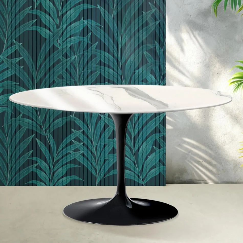 Mesa de centro oval Saarinen Tulip, 41 cm de altura, em cerâmica Statuario Florim brilhante - Scarlet Viadurini