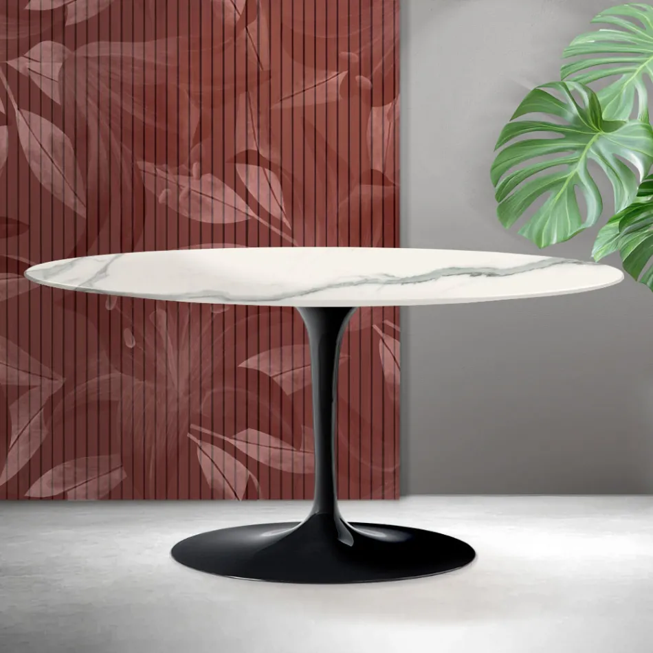 Mesa de centro oval Saarinen Tulip, 41 cm de altura, em cerâmica fosca Florim Statuario - Vermelho Escarlate Viadurini