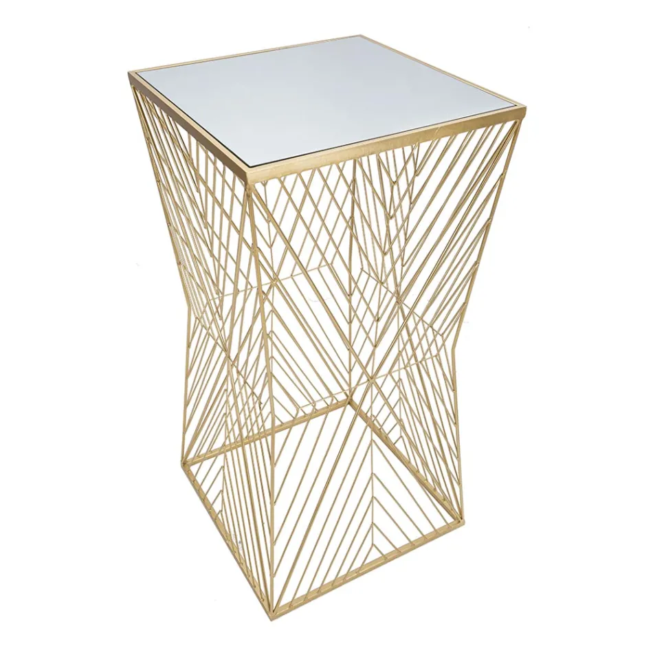 Mesa telefônica em ferro dourado e tampo em vidro espelhado - Olivia Viadurini