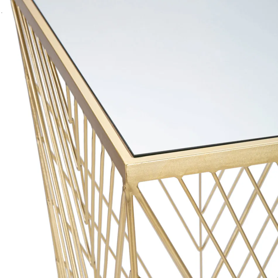 Mesa telefônica em ferro dourado e tampo em vidro espelhado - Olivia Viadurini