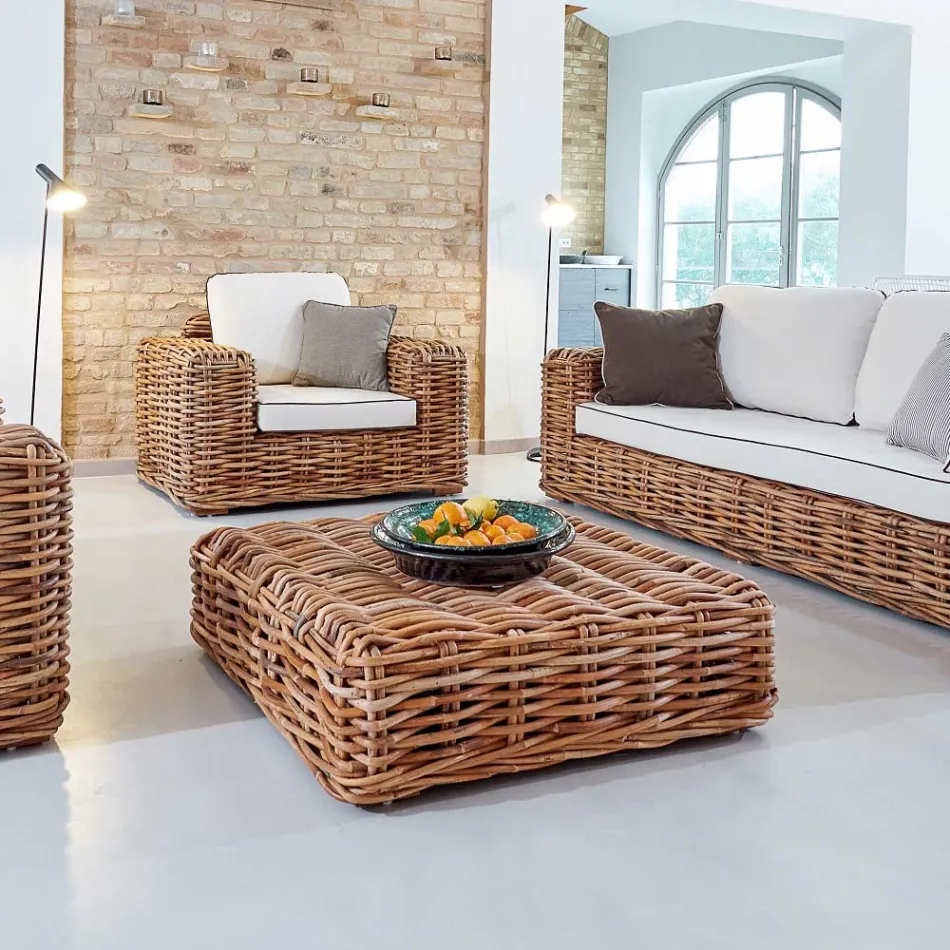 Mesa de Centro Jardim em Rattan Natural com Almofada Incluída - Keira Viadurini