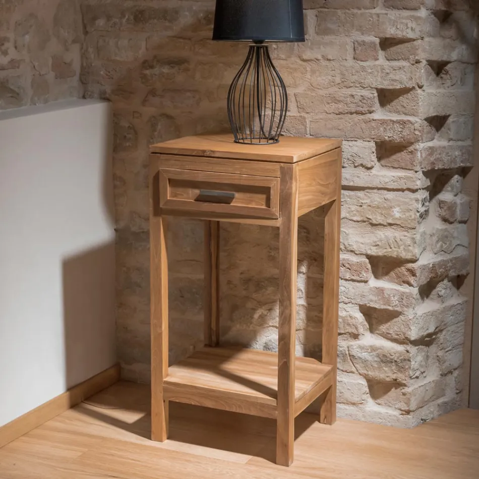 Mesa de centro em madeira maciça de teca com 1 gaveta - Acrílico Viadurini