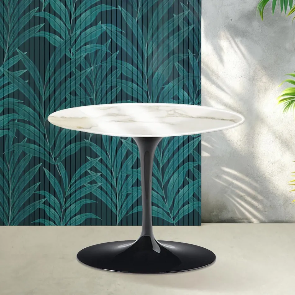 Mesa de centro redonda Saarinen Tulip, 41 cm de altura, em cerâmica Florim Calacatta Gold brilhante - Scarlet Viadurini