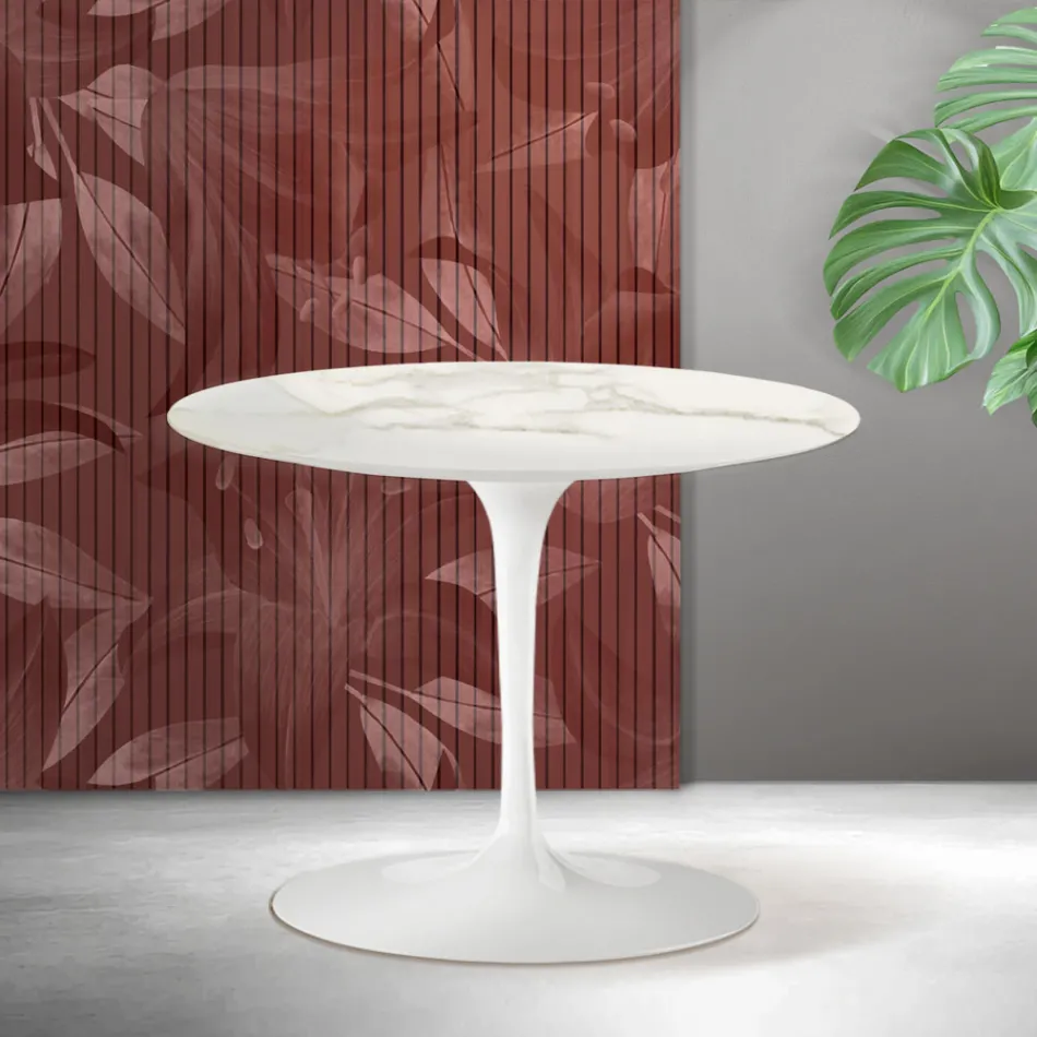 Mesa de centro redonda Saarinen Tulip, 41 cm de altura, em cerâmica Florim Calacatta Gold Matt - Scarlet Viadurini