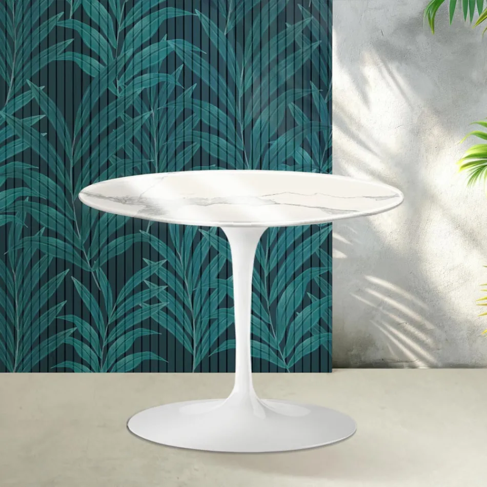 Mesa de centro redonda Saarinen Tulip, 41 cm de altura, em cerâmica Statuario Florim brilhante - Scarlet Viadurini