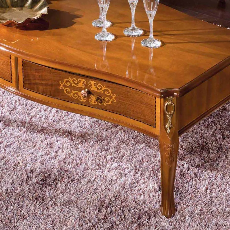 Mesa de centro de madeira embutida com 2 gavetas fabricada na Itália - Katerine Viadurini