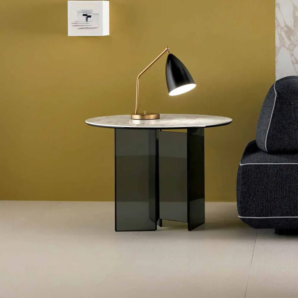 Mesa de centro lateral para sofá em vidro fumê e tampo redondo de cerâmica - Aleatório Viadurini