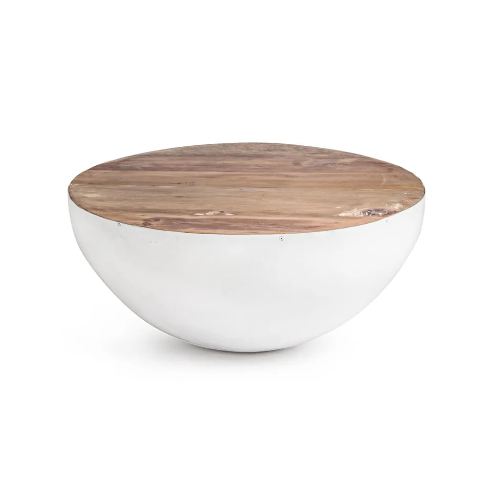 Mesa de centro redonda em madeira reciclada e aço branco ou cinza - Genoveffa Viadurini