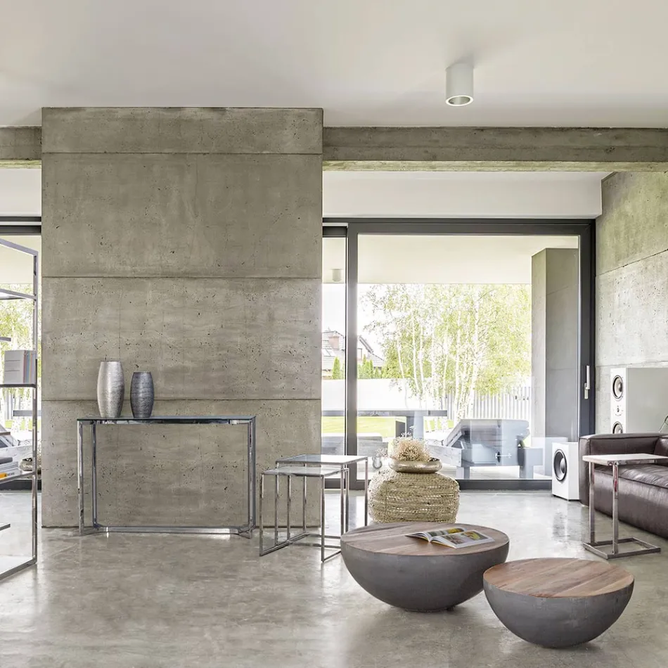 Mesa de centro redonda em madeira reciclada e aço branco ou cinza - Genoveffa Viadurini