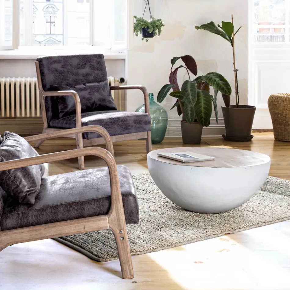 Mesa de centro redonda em madeira reciclada e aço branco ou cinza - Genoveffa Viadurini