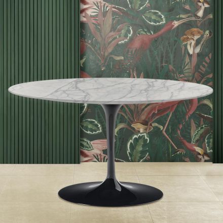 Mesa de centro Tulipa Eero Saarinen H 41 com tampo oval em mármore Carrara Statuarietto Viadurini