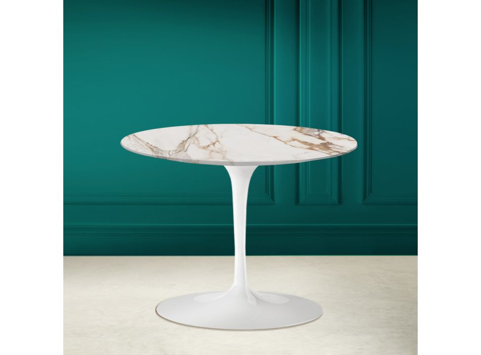 Mesa de Centro Tulipa Eero Saarinen H 41 em Cerâmica Calacatta Branco Antigo - Escarlate Viadurini