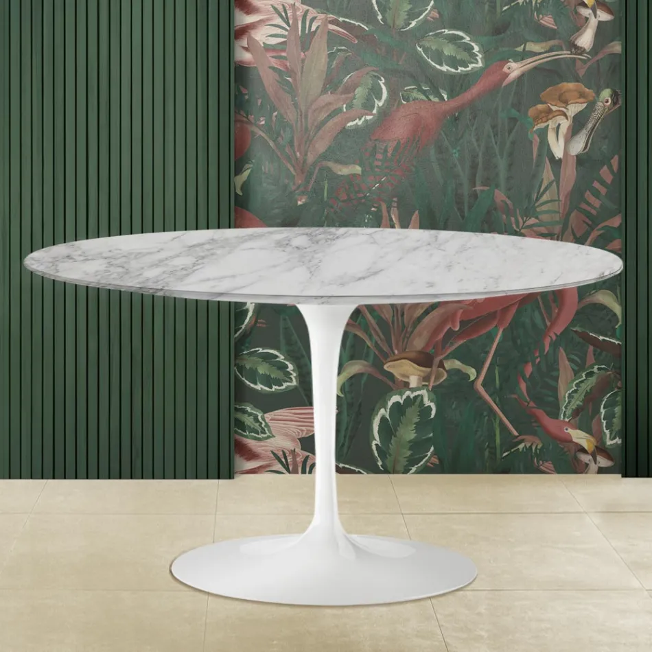 Mesa de Centro Oval Tulipa Eero Saarinen H 41 com Tampo em Mármore Arabescato Fabricado na Itália - Escarlate Viadurini
