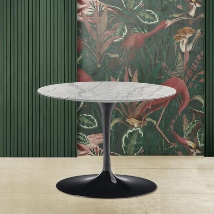 Mesa de centro oval Tulip Saarinen H 39 com tampo de mármore Statuarietto Carrara Viadurini