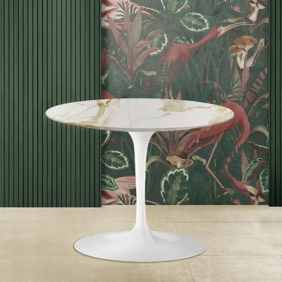 Mesa de centro Tulip Saarinen H 41 com tampo redondo em mármore Caracatta Gold Viadurini