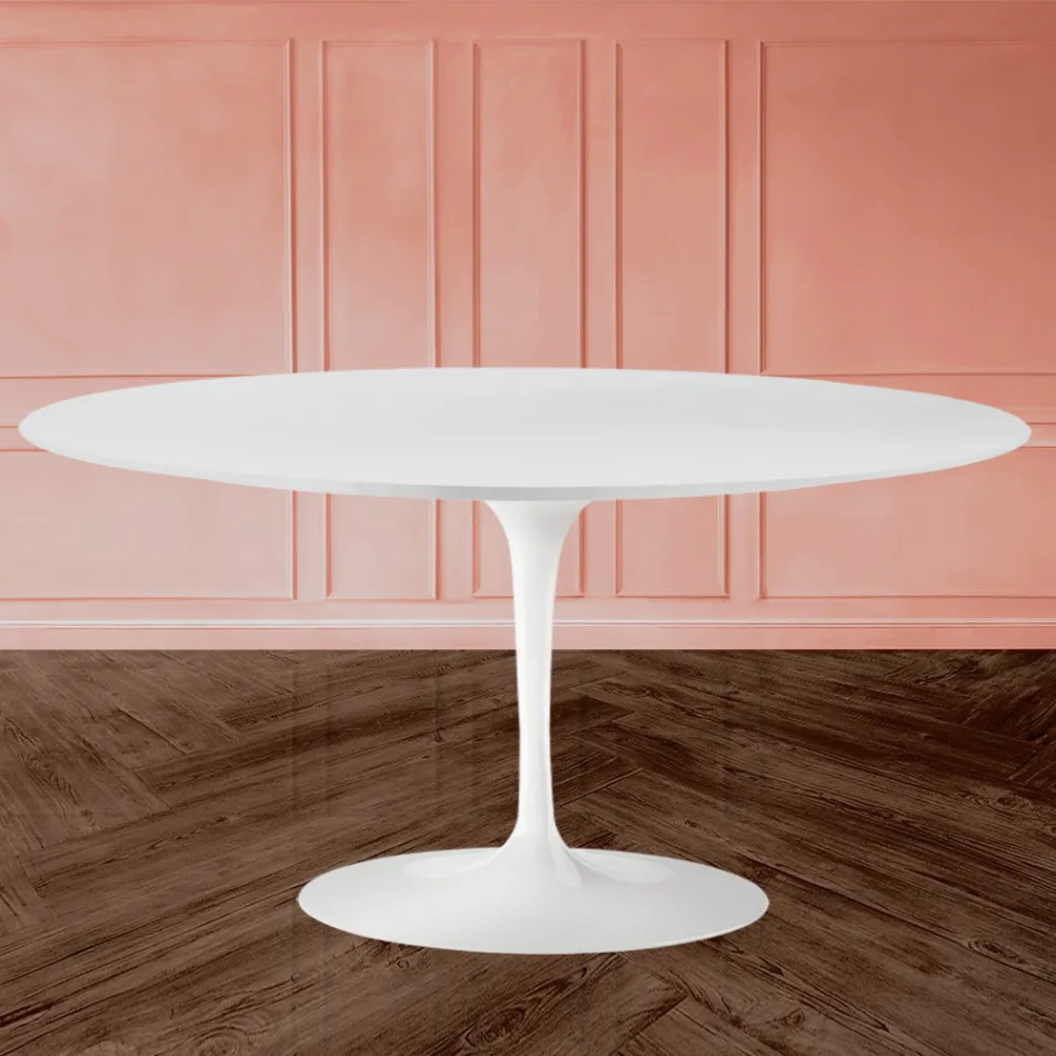 Mesa de centro Tulip Saarinen H 41 em laminado líquido oval branco fabricado na Itália - Escarlate Viadurini