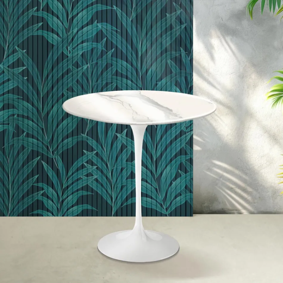 Mesa de centro Saarinen Tulip, 52 cm de altura, em cerâmica Statuario Florim brilhante - Scarlet Viadurini