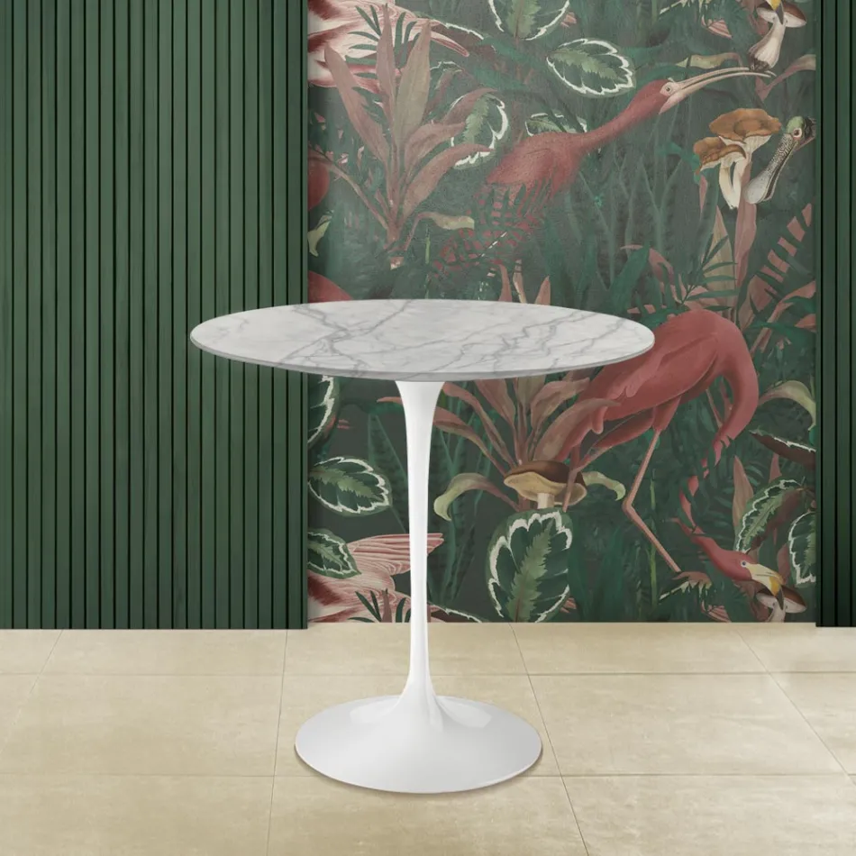 Mesa de centro oval Tulip Saarinen H 52 em mármore Carrara Statuarietto fabricado na Itália - Escarlate Viadurini