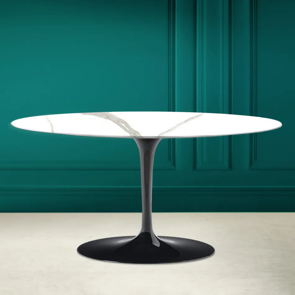 Mesa de centro oval Tulip Saarinen H 41 em Calacatta Michelangelo Made in Italy - Escarlate Viadurini