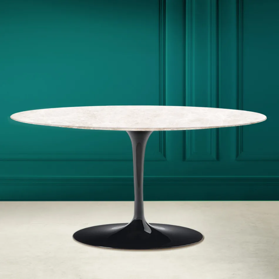 Mesa de Centro Oval Tulip Saarinen H 41 em Cerâmica Diamond Cream Made in Italy - Escarlate Viadurini