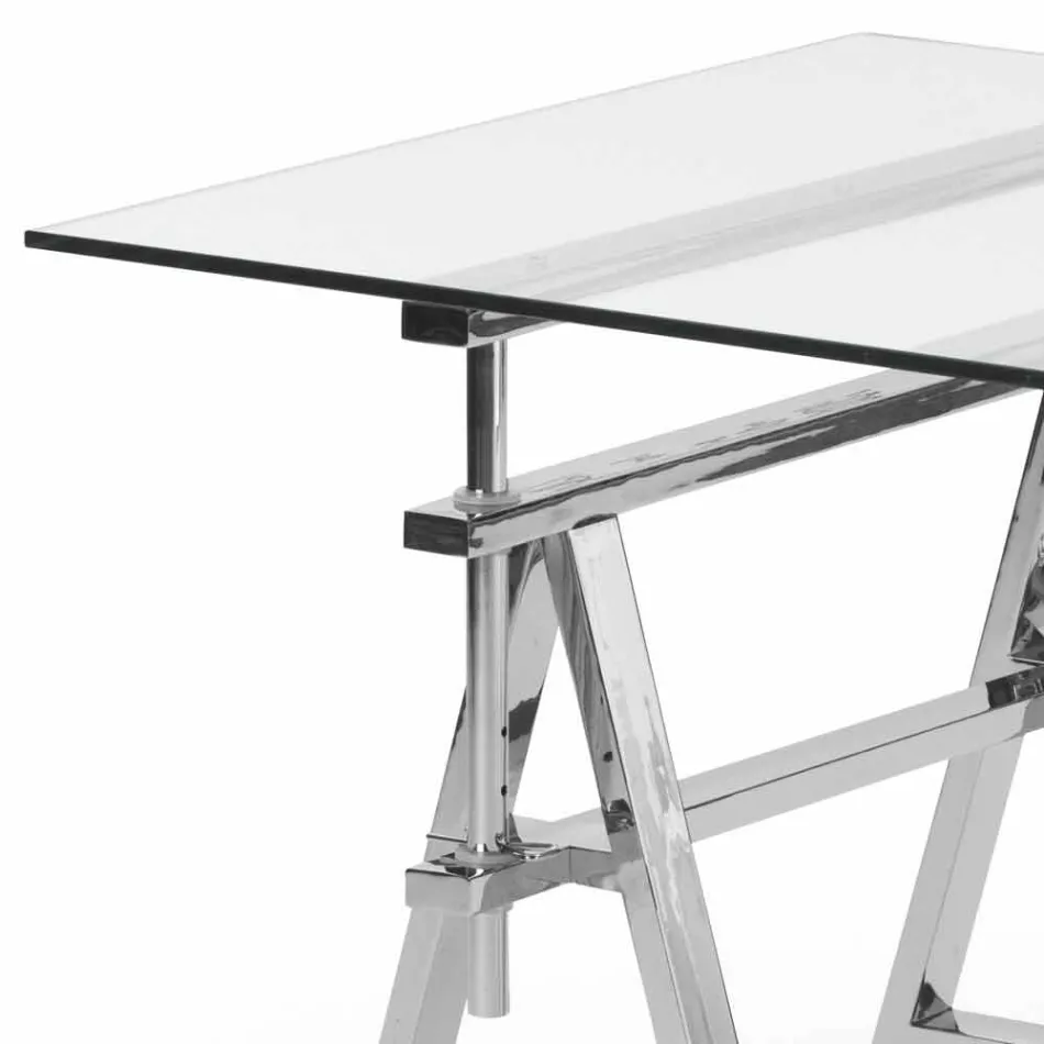 Mesa de aço / vidro regulável em altura (L190xH72 / 74 / 78xP90cm) Cristal Viadurini