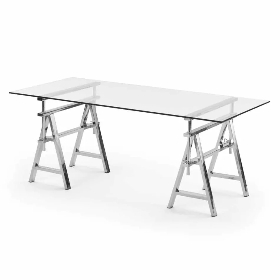 Mesa de aço / vidro regulável em altura (L190xH72 / 74 / 78xP90cm) Cristal Viadurini