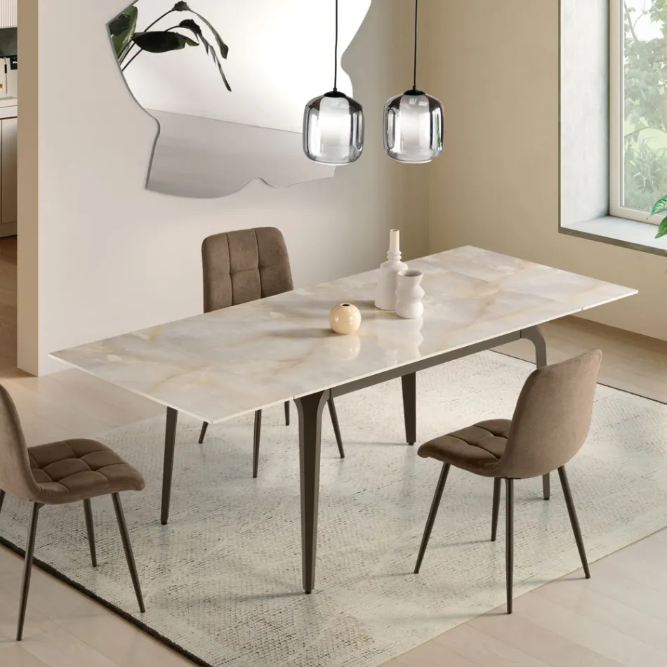 Mesa extensível 160/240x90 cm em pedra sinterizada com efeito mármore - Samus Viadurini