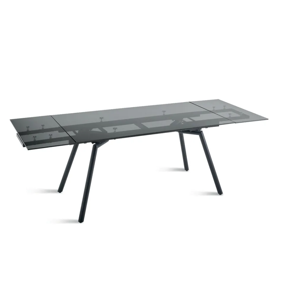 Mesa extensível 160/240x91 cm em vidro fumê e base de metal preto - Coluna Viadurini