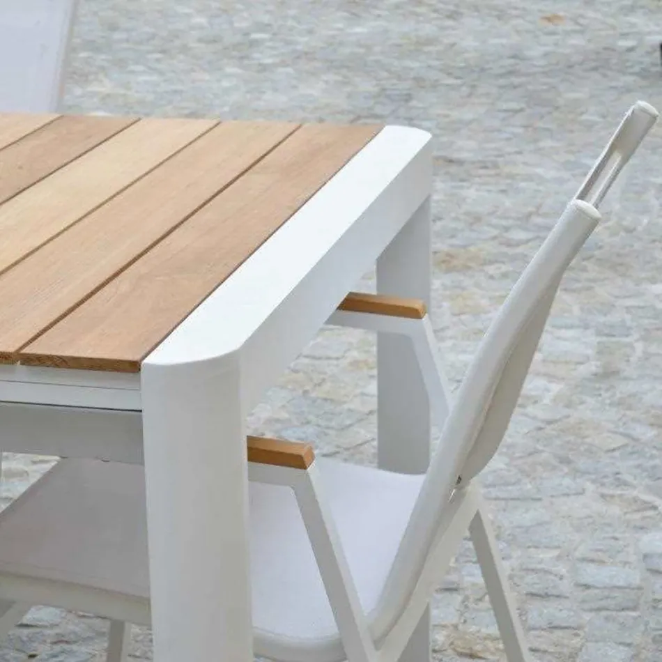 Mesa extensível 240 cm em alumínio branco e tampo em teca - Diário Viadurini
