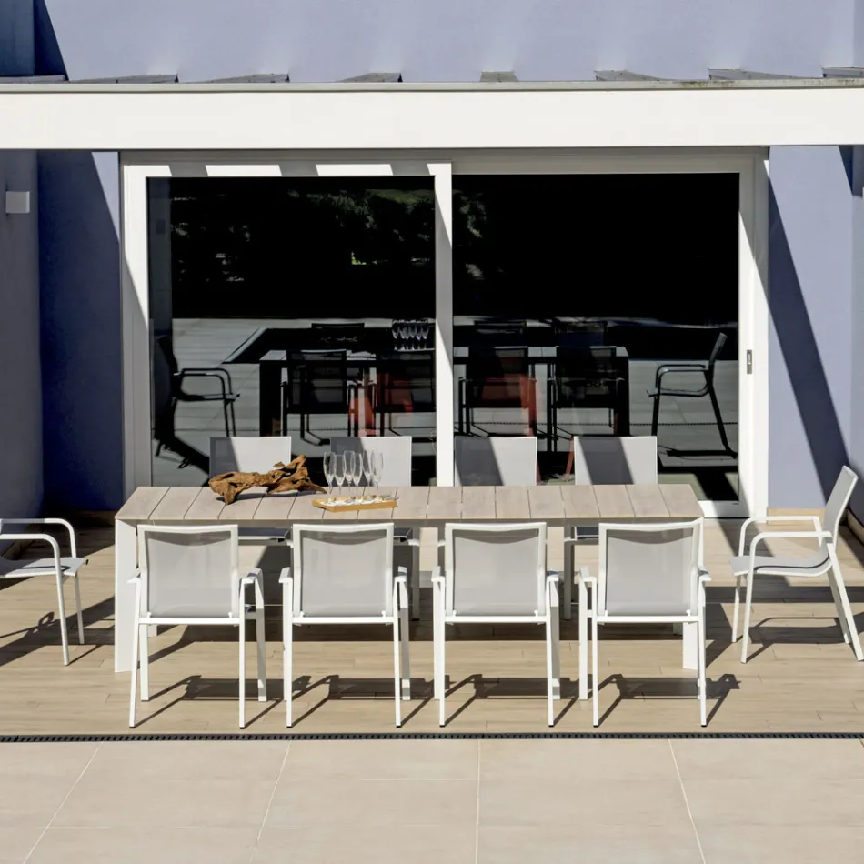 Mesa extensível até 276 cm com estrutura em alumínio com efeito madeira - Ovara Viadurini