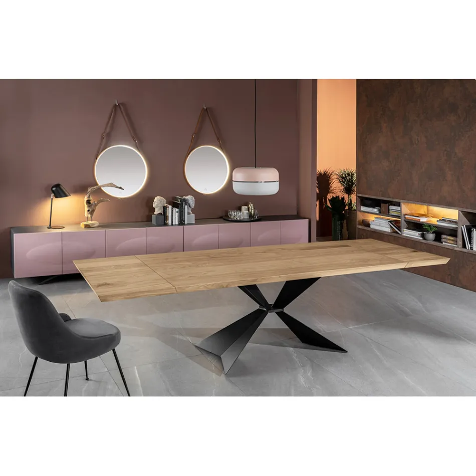 Mesa Extensível até 300 cm com Base Metálica e Tampo em Carvalho - Azul Marinho Viadurini