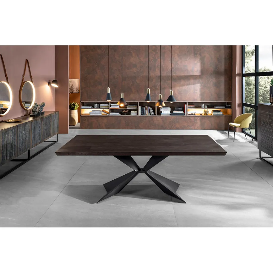 Mesa Extensível até 300 cm com Base Metálica e Tampo em Carvalho - Azul Marinho Viadurini