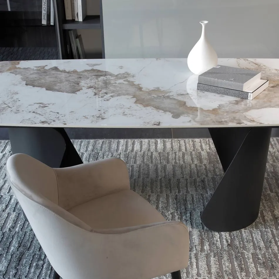 Mesa Extensível 300 cm em Metal e Tampo em Pedra Sinterizada - Taviria Viadurini