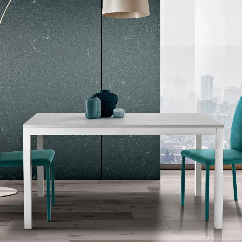 Mesa Extensível com Pés em Metal Branco e Tampo em Melamina - Shaila Viadurini