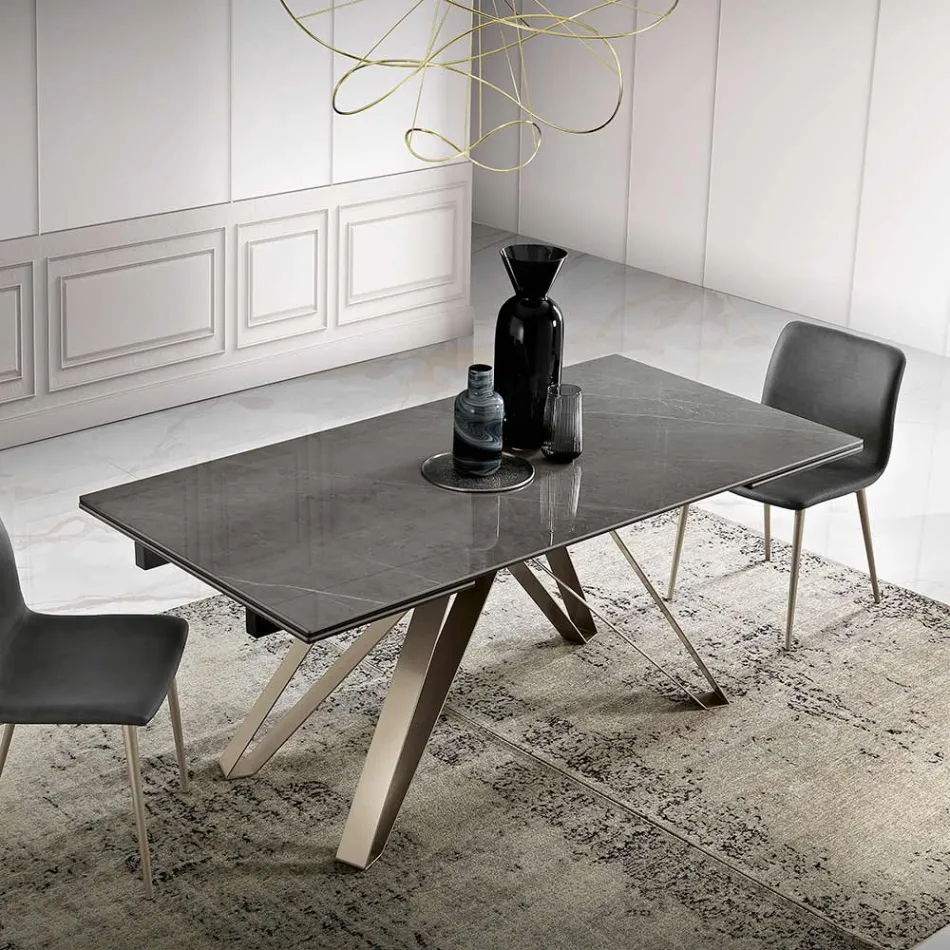 Mesa extensível de sala em metal e vidro cerâmico Made in Italy - Meluso Viadurini