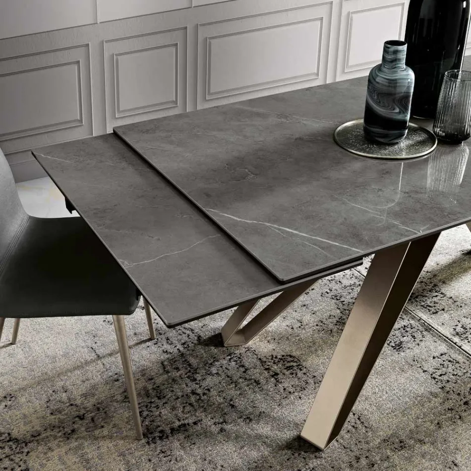 Mesa extensível de sala em metal e vidro cerâmico Made in Italy - Meluso Viadurini