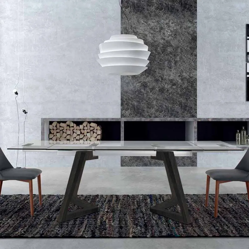 Mesa Extensível até 280 cm em Vidro e Madeira Folheada – Eugrafo Viadurini