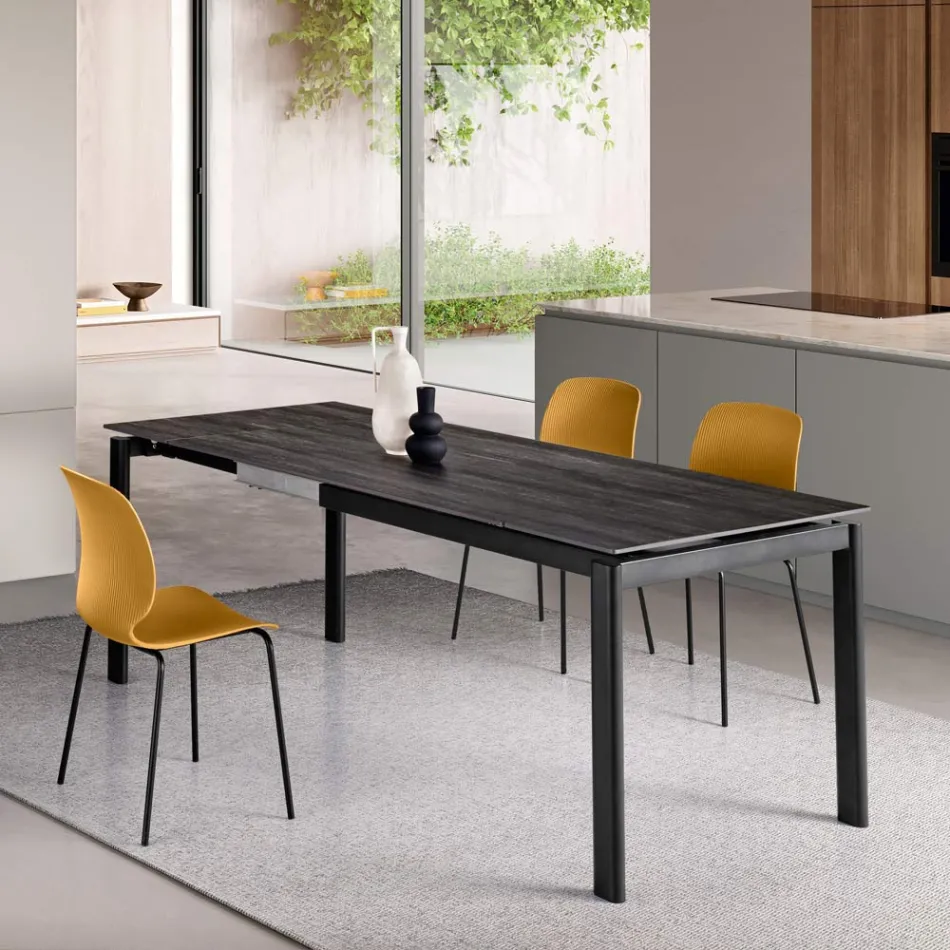 Mesa extensível em dois tamanhos, em metal e pedra com efeito mármore - Morfeo Viadurini