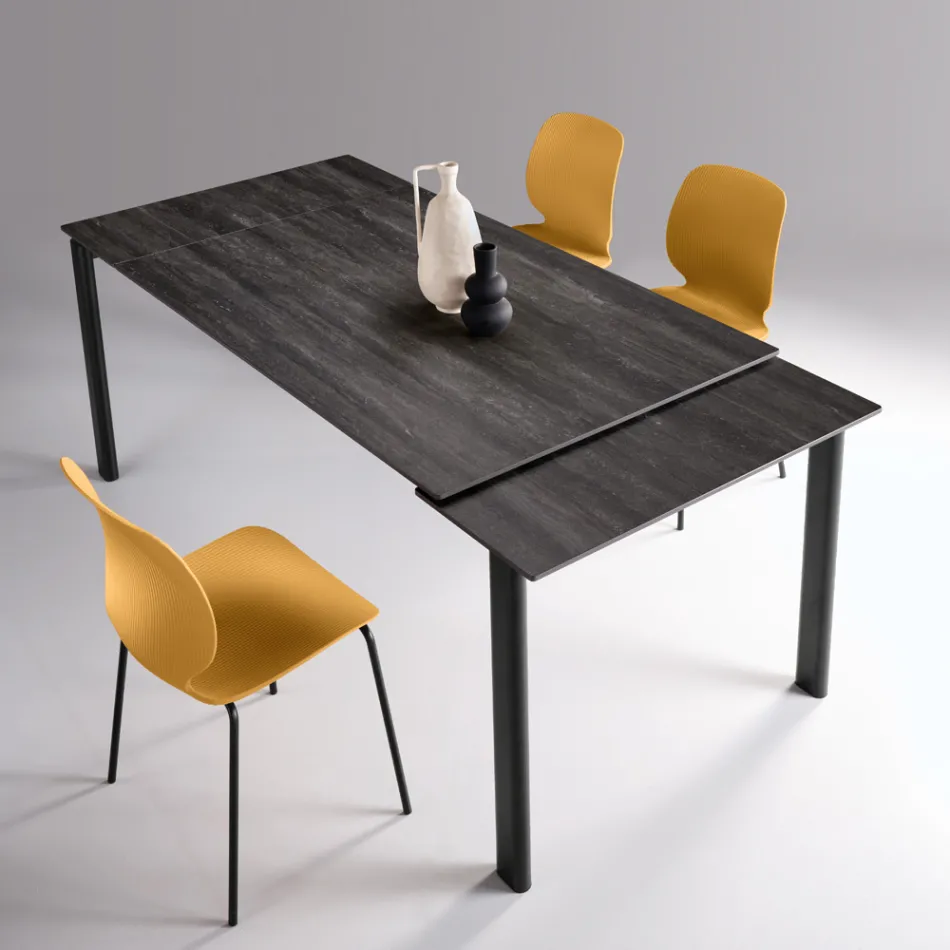 Mesa extensível em dois tamanhos, em metal e pedra com efeito mármore - Morfeo Viadurini