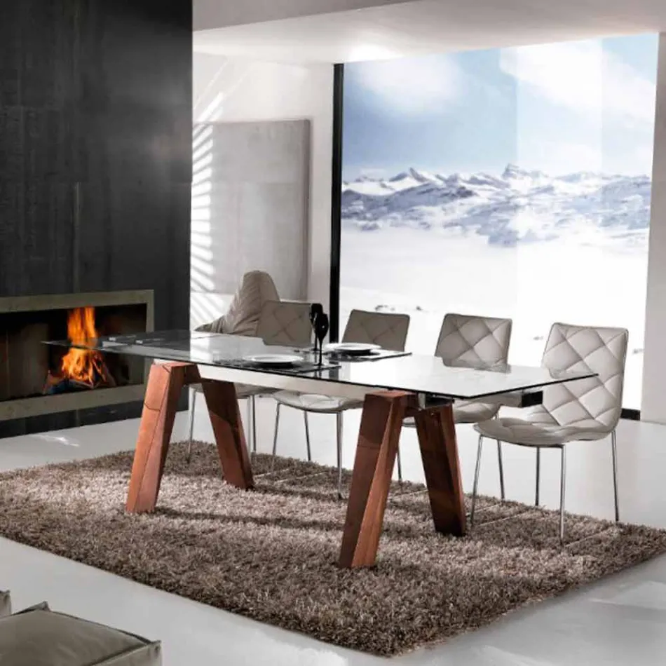 Mesa extensível em madeira maciça e vidro temperado Chade Viadurini