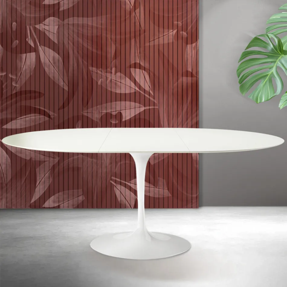 Mesa extensível Saarinen Tulip, 74 cm de altura, em cerâmica Florim branca - Scarlet Viadurini