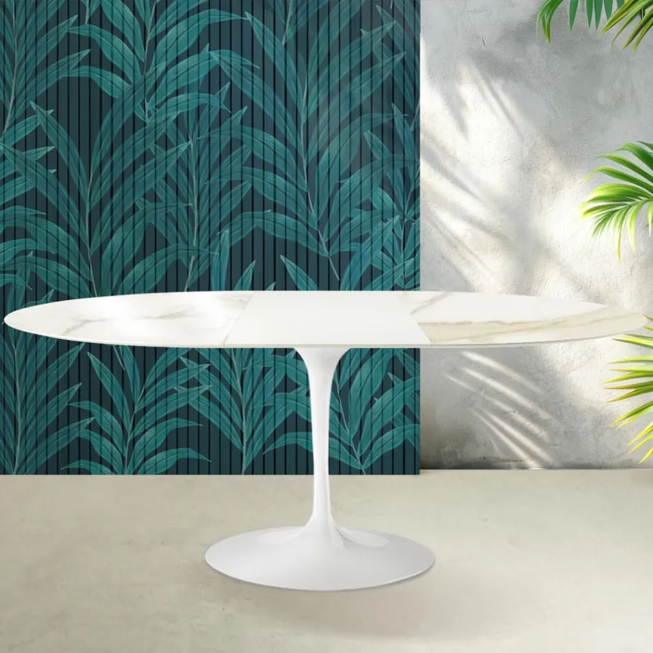 Mesa extensível Saarinen Tulip, 74 cm de altura, em cerâmica Florim Calacatta Gold Gloss - Scarlet Viadurini