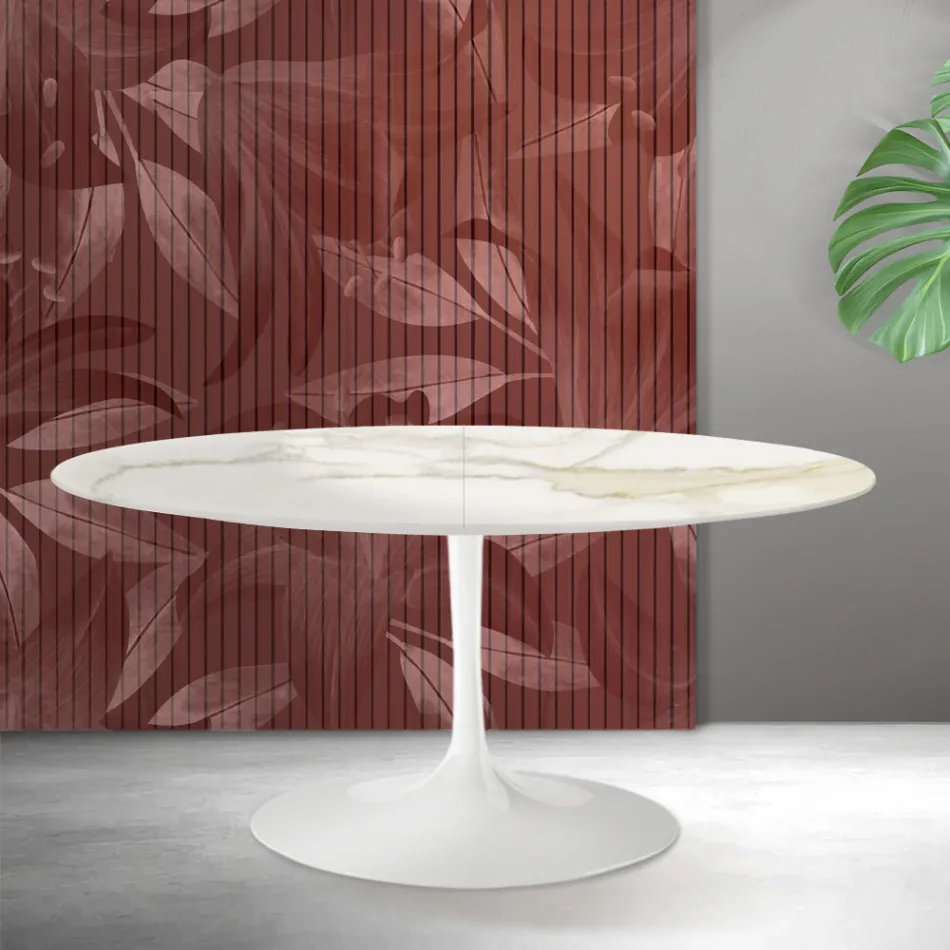 Mesa extensível Saarinen Tulip, 74 cm de altura, em cerâmica Florim Calacatta Gold Matt - Scarlet Viadurini
