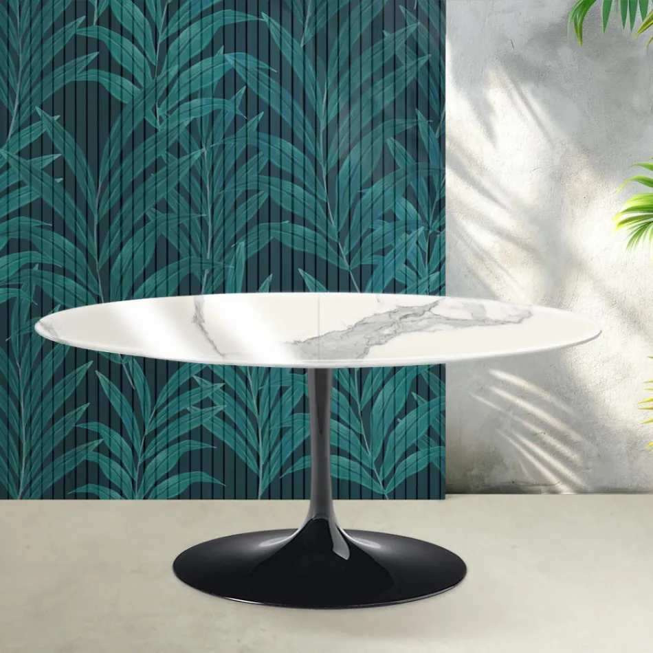 Mesa extensível Saarinen Tulip, 74 cm de altura, em cerâmica Statuario Florim brilhante - Scarlet Viadurini