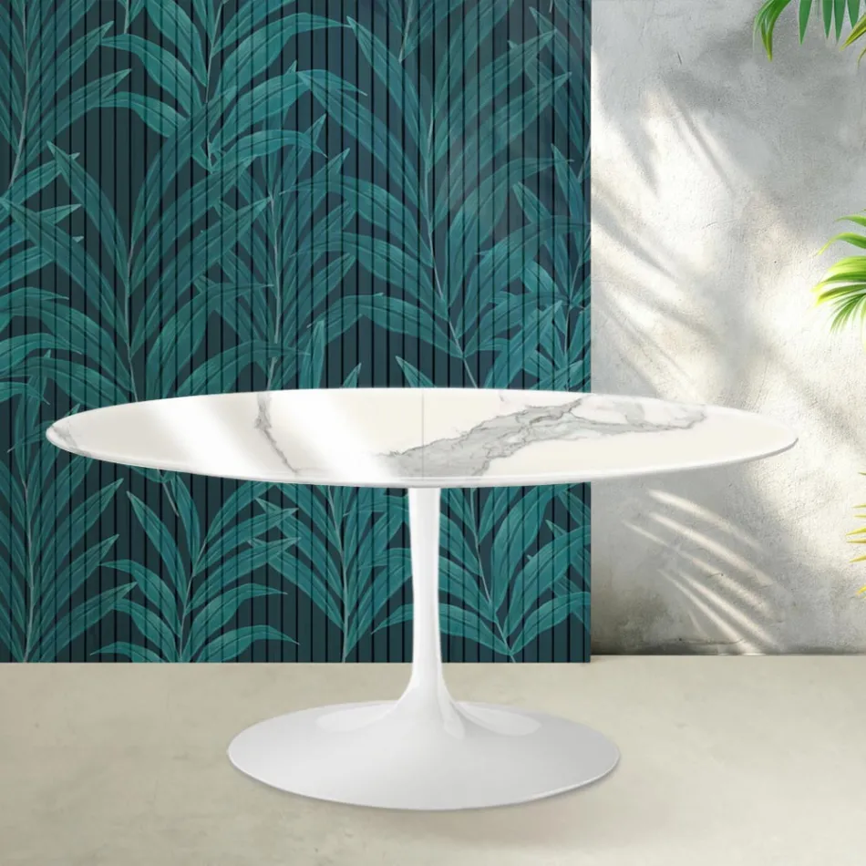 Mesa extensível Saarinen Tulip, 74 cm de altura, em cerâmica Statuario Florim brilhante - Scarlet Viadurini