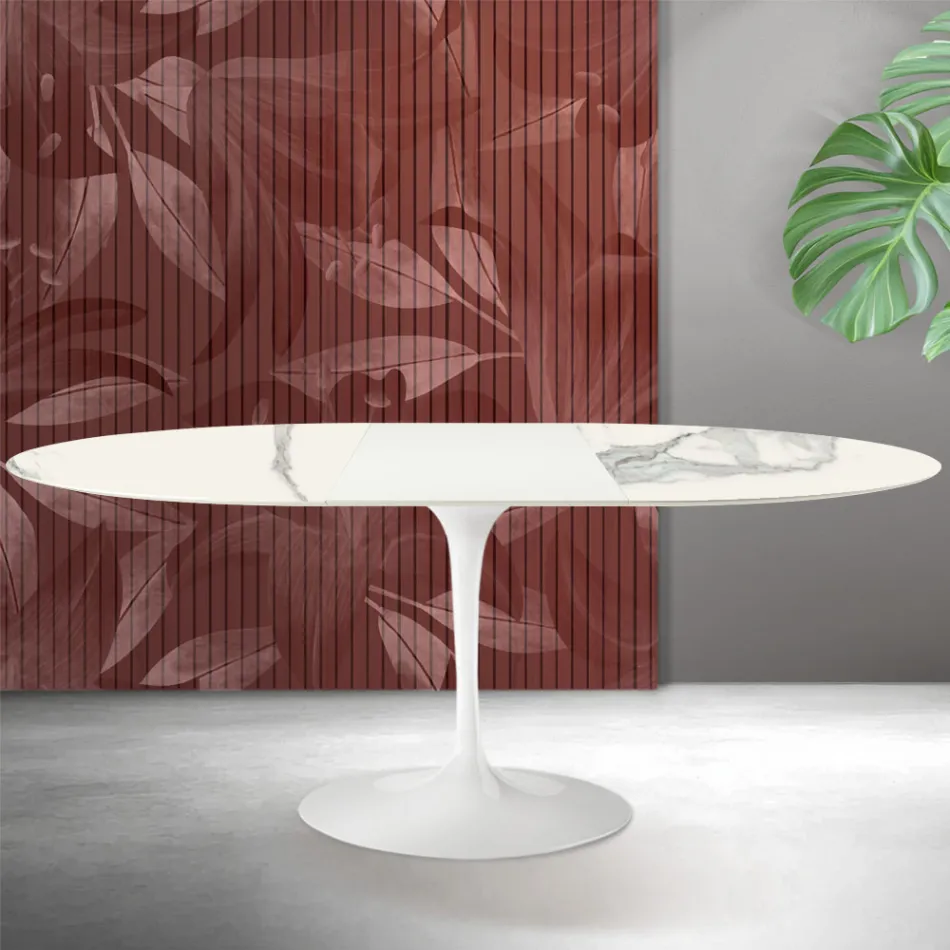 Mesa extensível Saarinen Tulip, 74 cm de altura, em cerâmica fosca Florim Statuario - Escarlate Viadurini