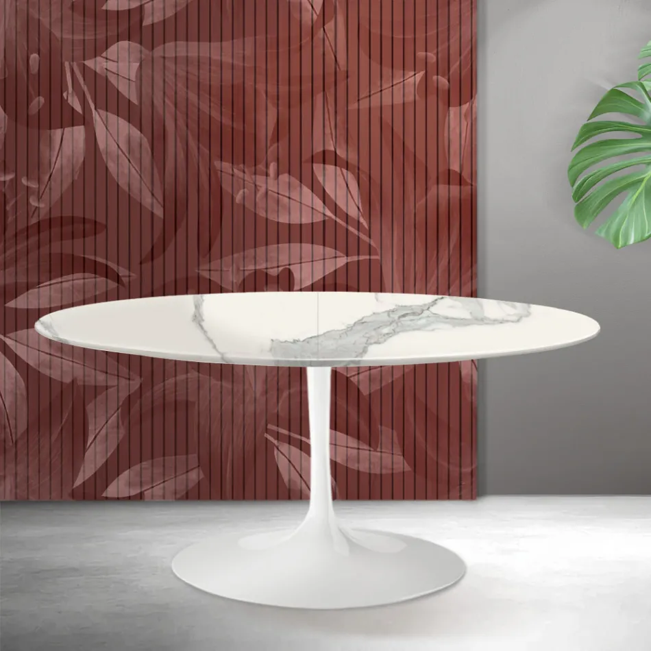 Mesa extensível Saarinen Tulip, 74 cm de altura, em cerâmica fosca Florim Statuario - Escarlate Viadurini