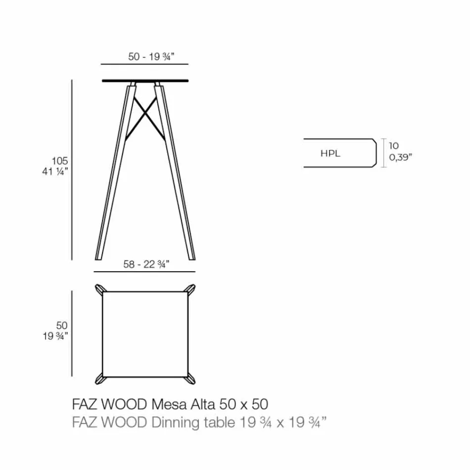 Mesa de Bar alta Square Design em Madeira e Hpl, 4 Peças - Faz Wood by Vondom Viadurini